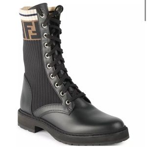 Fendi women’s Rockoko Leather & Knit Combat Boots size 40